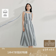 茵曼格子剪花拼接無袖連衣裙夏季女裝百搭寬松背心中長裙子寶藍色  M