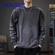 凱撒（KAISER）春秋新款潮牌假兩件長(cháng)袖t恤男美式休閑漸變水洗衛衣寬松圓領(lǐng)體恤 深灰色 S