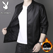 花花公子（PLAYBOY）夾克男外套男士皮衣春秋季新款商務(wù)皮夾克中青年百搭寬松上衣 黑色加絨款 6XL (建議200-220斤)
