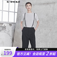 S.DEER圣迪奧女夏季時(shí)尚百搭休閑條紋背帶闊腿七分褲S192A0820 炭黑藍(lán)/94 S 160