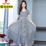 皮爾卡丹（pierre cardin）連衣裙女新款25夏季短袖復(fù)古格子中長(zhǎng)裙收腰顯瘦氣質(zhì)過(guò)膝大擺長(zhǎng) 純棉黑白格子大裙擺連衣裙 L 建議100-110斤