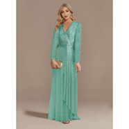 烏拓高檔歐美晚禮服新款多色長(cháng)袖V領(lǐng)魚(yú)尾宴會(huì )洋裝女 綠寶石 S