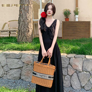夏典素訂女王（SE.PSTP）2025夏季新款v領(lǐng)棉麻背心裙女中長(zhǎng)款韓版收腰顯瘦系帶連衣裙a字裙 黑色今年流行的輕奢母親女神節(jié) 均碼
