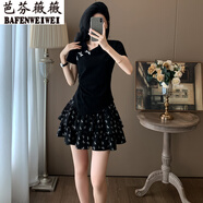 芭芬薇薇時(shí)尚減齡休閑套裝女夏顯瘦黑色不規則短袖上衣碎花半身短裙兩件套 黑色兩件套 L