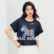 Basic House/百家好彩色小馬提花針織衫夏季新款寬松顯瘦短袖T恤 藏青 XL