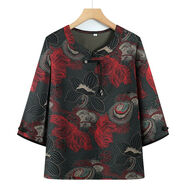 秋殼奶奶夏裝七分袖T恤中老年女裝上衣媽媽夏季時(shí)尚襯衫寬松老人衣服 紅色 XL 建議85-105斤