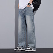 以純（YISHion）2025年秋季新品直筒半松緊牛仔褲男寬松闊腿百搭顯高顯瘦休閑長(cháng)褲 A21-淺藍色 L