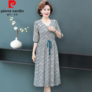 皮爾卡丹（pierre cardin）年輕媽媽洋氣系帶連衣裙中年女裝夏裝中老年夏季氣質花色雪紡裙子 清爽綠色 XL 體重 90-105斤