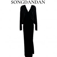 【DDS】秋款V領(lǐng)褶皺高腰蝙蝠袖絲絨連衣裙 黑色 2XL