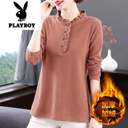 花花公子（PLAYBOY）棉長(cháng)袖t恤女裝2025秋冬季新款洋氣媽媽打底衫大碼女士?jì)却钌弦路?磚紅色【加絨款】 M (建議85-105斤)