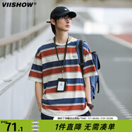 viishowcityboy撞色條紋情侶短t短袖T恤男春夏新款日系寬松t 紅藍(lán)條紋 XL