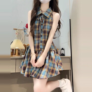 天啟世紀(jì)法式格子polo領(lǐng)無袖掛脖連衣裙女夏季2025新款小個(gè)子收腰百褶短裙 藍(lán)格紋連衣裙【單件】連衣裙/裙 S 40/45kg