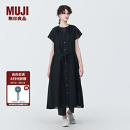 無印良品（MUJI）女式 強捻法國袖連衣裙 女裝裙子夏季純棉全棉襯衫連身裙BC2JGC4S 黑色 L(165/88A)