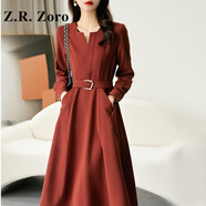 Z.R.Zoro奢侈品連衣裙女2025秋季新款法式氣質(zhì)收腰顯瘦洋氣V領(lǐng)中長(cháng)裙子女 桔紅色 L