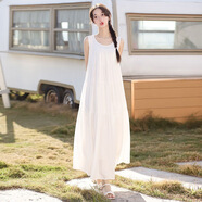 焗潭大版A字女2025夏季寬松長款無袖壓皺百褶吊帶背心雪紡小黑連衣裙 白色 均碼 建議90-140斤