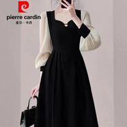 皮爾卡丹（pierre cardin）大碼法式新款mm方領(lǐng)長袖黑色拼接顯瘦赫本氣質(zhì)風(fēng)中連衣裙長裙 黑色 M 【建議80-95斤】