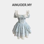 AINUOER.MY櫻織花刺繡花卉公主甜美風(fēng)微胖顯瘦小飛袖溫柔碎花短款短袖連衣裙 藍色短袖短款連衣裙 M