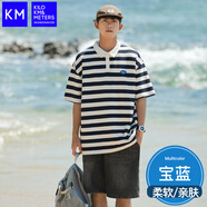 KILO METERSKM翻領(lǐng)條紋POLO衫男夏季日系短袖T恤男士2025新款寬松半袖上衣男 2363寶藍(lán)色_【膚透氣】 M _建議體重(100-120斤)