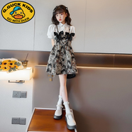 G.DUCKKIDS女童夏裝連衣裙2025新款韓版超洋氣兒童露背公主裙夏季小女孩裙子 貓咪假兩件襯衫裙 140