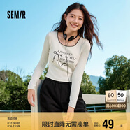 森馬長(cháng)袖T恤女短款蝴蝶結字母春秋溫柔蕾絲緊身上衣107624101001