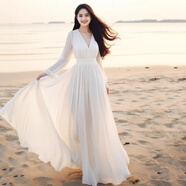 夏典素訂女王（SE.PSTP）沙灘裙大擺白色雪紡長(cháng)袖新款海邊度假氣質(zhì)收腰超仙波西米亞長(cháng)款裙 白色 M