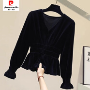 皮爾卡丹2025新款金絲絨打底衫年春秋季新款長(cháng)袖t恤女收腰遮肚子裙擺小衫 黑色 S
