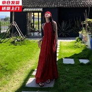 槿城新疆穿搭新中式復(fù)古紅色掛脖連衣裙女海邊度假拍照氛圍感寬松長(zhǎng)裙 復(fù)古紅 3F58W L