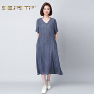 夏典素訂女王（SE.PSTP）2025夏季新款V領(lǐng)刺繡燈籠袖苧麻連衣裙女顯瘦高腰大擺媽媽長(zhǎng)裙子 藏青色杭州今年流行的輕奢品質(zhì) L