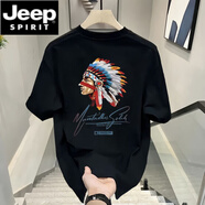 JEEP SPIRIT印第安人潮牌重磅純棉印花短袖T恤男女夏季男士寬松輕奢圓領半袖 黑色 S 建議80-95斤