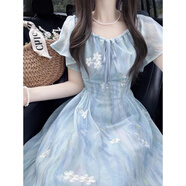 蕓蕁裙子女夏季2025新款法式溫柔風(fēng)藍色碎花荷葉袖連衣裙夏日新款度假 藍色碎花裙 【精選款】 S