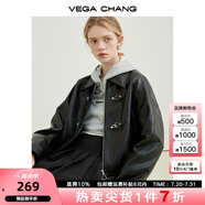 VEGA CHANG機(jī)車風(fēng)皮衣女春秋季2025年韓版bf風(fēng)一字扣PU皮夾克短外套 黑色 M