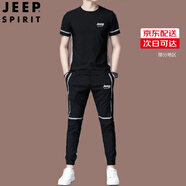 JEEP SPIRIT吉普冰絲短袖T恤男運動套裝夏季修身潮流整套搭配冰感T恤衣服男 黑色 F9808 L