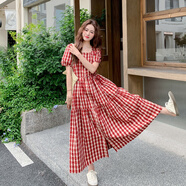 法式覆古紅色格子連身裙女中長(zhǎng)版2025夏超好看收腰顯瘦泡泡袖長(zhǎng)裙 洋裝新款面料升級(jí)版 均碼 S105斤內(nèi)