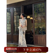 三吉黑花【知鶴】新中式國風(fēng)夏日漂亮小套裝女夏重工珠片繡半身裙 灰杏背心 M