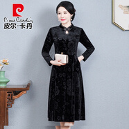 皮爾卡丹金絲絨過(guò)膝高貴洋氣旗袍連衣裙中年媽媽裝2025新款春秋長(cháng)袖婦女 黑色 3XL 建議120-130斤
