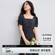 尚都比拉法式連衣裙女夏季方領(lǐng)堆堆袖復(fù)古波點(diǎn)抽褶開叉A字裙 黑底白點(diǎn) S