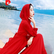 皮爾卡丹（pierre cardin）沙灘沙漠新疆旅游拍照仿真絲連衣裙超仙時(shí)尚連帽防曬大擺長(cháng)裙 紅色 S
