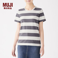 無印良品 MUJI 女式 印度棉天竺編織 圓領(lǐng)短袖T恤 中灰色X橫條 M