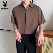 花花公子（PLAYBOY）夏季男士薄款短袖襯衫咖啡色暗扣免燙休閑寬松墜感襯衣復古風(fēng) 咖啡色 單件襯衣 XL 130-145斤