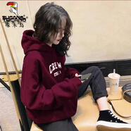 啄木鳥連帽上衣女韓版休閑上衣2025秋冬新款寬松加絨外套ins潮 修身酒紅色(CREW 加/絨款)修/身 L 125-140斤