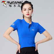 啄木鳥(niǎo)運動(dòng)T恤女夏季新款楊麗萍廣場(chǎng)舞上衣速干修身跳健身操鬼步舞衣服 半拉鏈藍色短袖 修身 選大一碼 2XL (115-125)