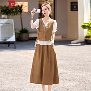 皮爾卡丹（pierre cardin）夏季套裝裙三件套女裝2025新款氣質(zhì)時(shí)尚洋氣減齡穿搭一整套連衣裙 卡其色 (三件套) S 建議85-100斤
