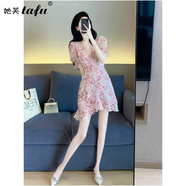 她芙（tafu）品牌女裝碎花連衣裙女夏季2025新款氣質名媛修身瘦v領雪紡裙 粉紅色 M