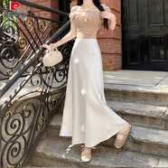 皮爾卡丹粉色醋酸緞面魚(yú)尾裙半身裙女夏季新款立體裁剪花朵包臀裙長(cháng)款裙子 米白色 S