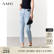 AMII2025秋新款磨破棉質(zhì)牛仔褲女錐形褲心形印花ins高街潮九分褲 牛仔藍 L (165)