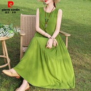 皮爾卡丹（pierre cardin）夏季新款法式無(wú)袖吊帶棉綢連衣裙女大擺沙灘裙多巴胺風(fēng) 果綠色 XL 建議90-115斤
