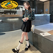 G.duck女童連衣裙春秋2025新款洋氣兒童牛仔襯衫大童春季學(xué)院裙子jk套裝 MENGDD2402金扣百褶裙黑色 140 cm(140cm)