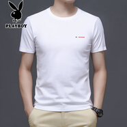 花花公子（PLAYBOY）男士T恤男短袖夏季黑色中年男裝圓領(lǐng)半袖上衣體恤衫 白色 7018 M 適合100-120斤穿