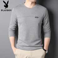 花花公子（PLAYBOY）中年休閑長袖T恤男士春秋純色薄款純棉體恤男衣服長袖t圓領(lǐng)打底衫 R9861淺灰 M 165/105/48100-115斤
