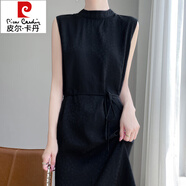 皮爾卡丹（pierre cardin）25夏季新款半高領(lǐng)套頭系帶連衣裙女飄逸醋酸緞面垂順無(wú)袖真絲長(zhǎng)裙 黑色 2XL 【收藏加購(gòu)有禮】